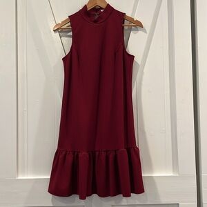 Trina Turk Red Burgundy Sleeveless Drop Peplum Waist Mock Neck Dress Size Small